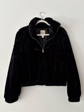 Birch & Stone Womens Faux Fur Bomber Jacket L Black Full Zip Cropped Lined